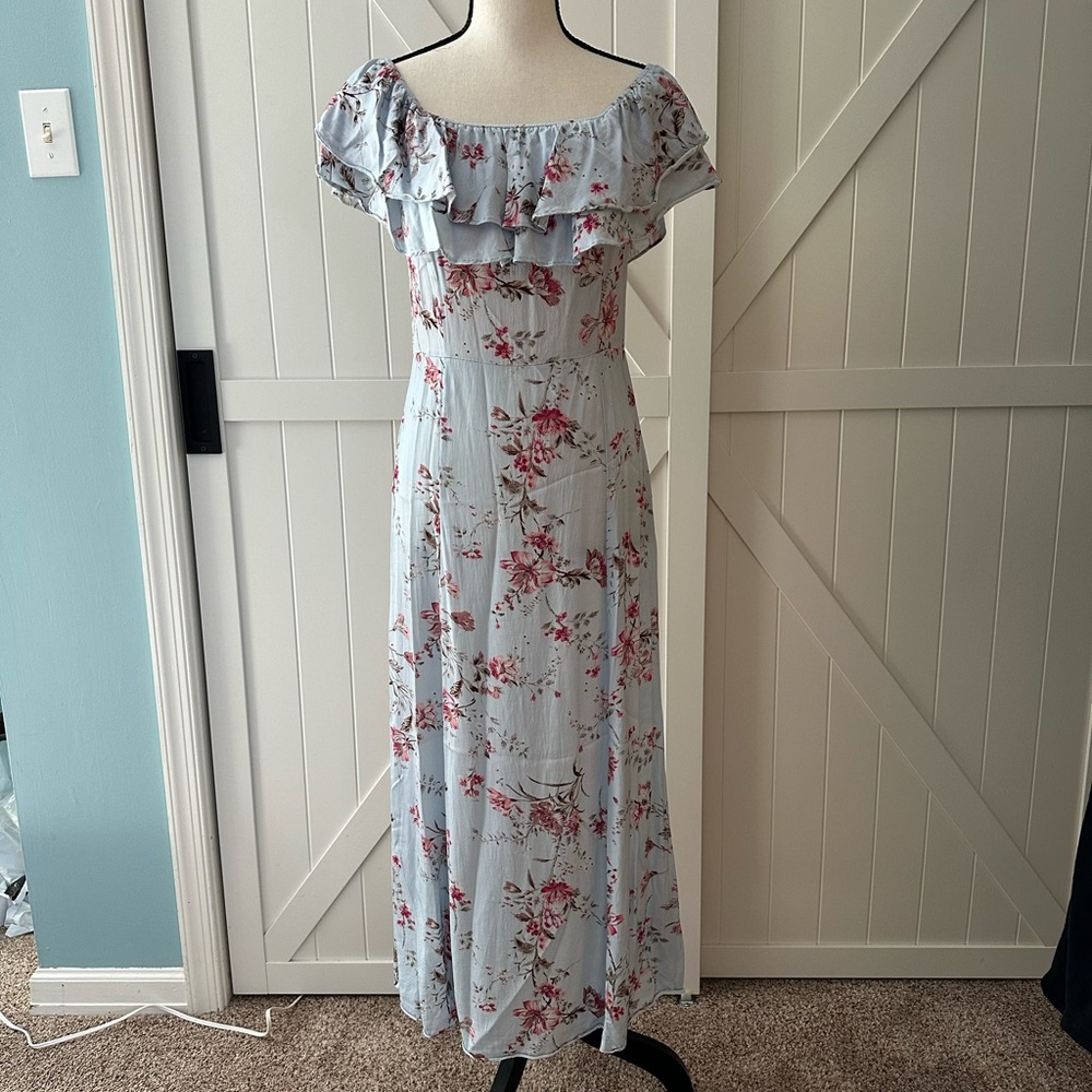 Zara Woman Blue Floral Off Shoulder Ruffle Maxi Dress Size S Romantic Boho